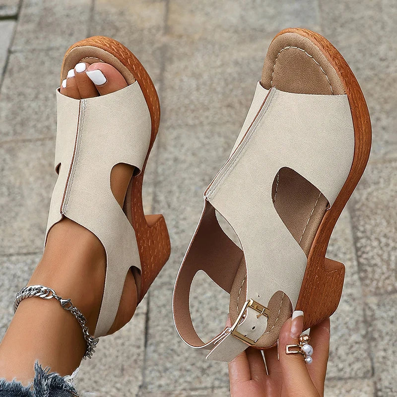 Retro Camel High Heels Sandals Women 2024 Summer Thick Heeled Platform Sandals Woman Lightweight Ankle Straps Beach Shoes Mujer