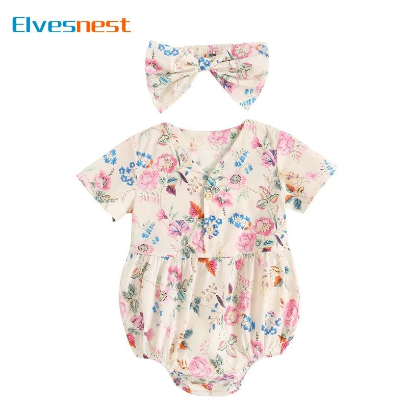 Floral Print Newborn Clothes Girl Bodysuits Scarf 2 PCS Cotton Short Sleeve Baby Bodysuits Summer Infant Bodysuits 1-3 Years