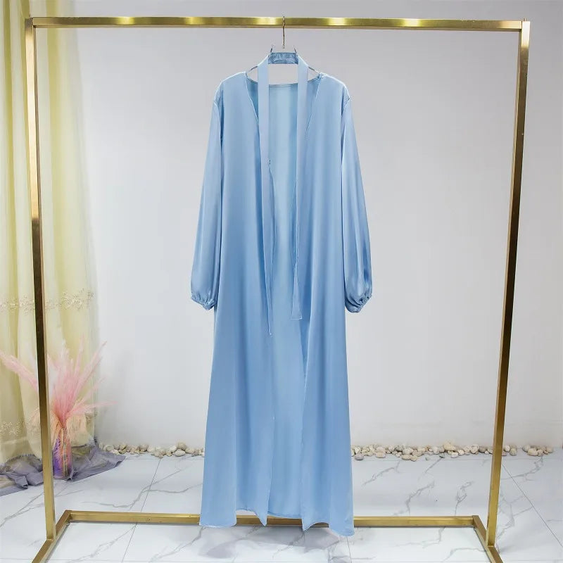 Women Abayas Muslim Kaftan Puff Sleeves Lace-up Maxi Length Ramadan Dresses Jilbabs Open Front  Abayas Outwear Cardigan Coats