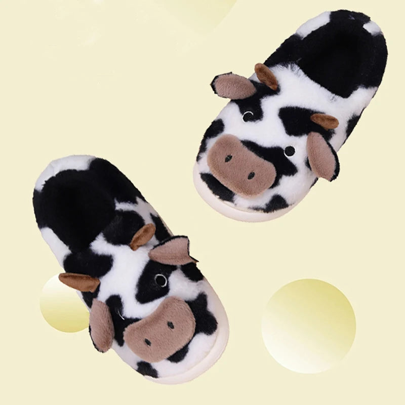 Cute Cartoon Cow Fluffy Fur Slippers Women 2024 Winter Non Slip Flat Heels Home Slippers Woman Non Slip Indoor Cotton Slides