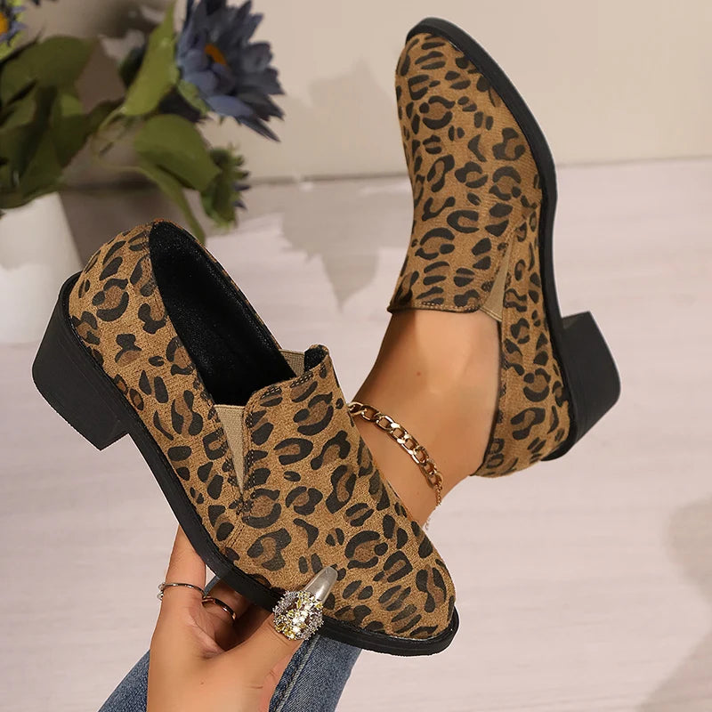 Sexy Leopard High Heels Loafers Woman 2024 Autumn Pointed Toe Thick Heeled Pumps Woman Plus Size 43 Slip On Casual Shoes Mujer