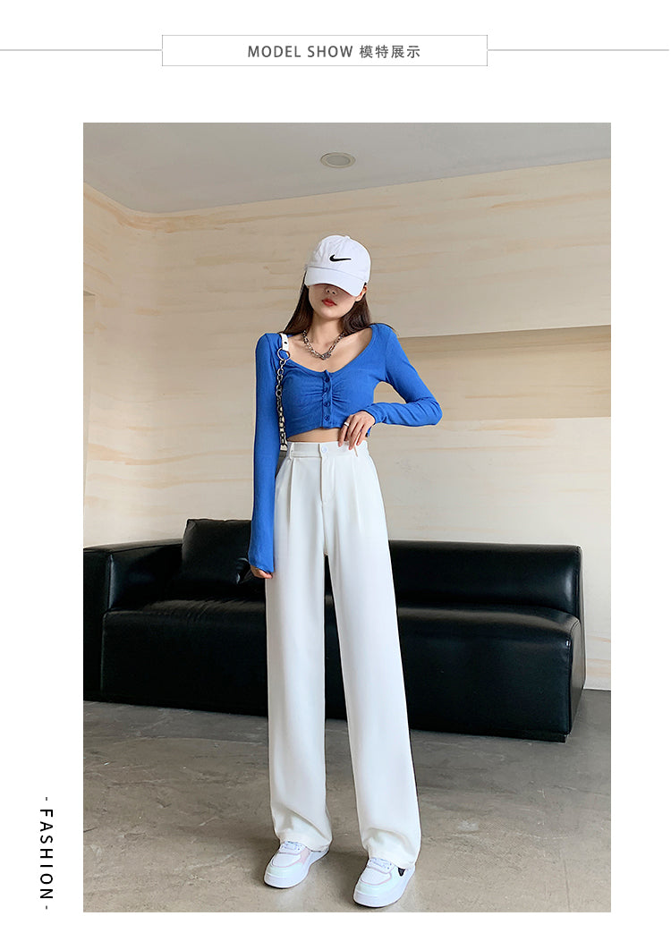 Women High Waist Floor-Length Suits Pants Autumn Winter White Loose Wide Leg Pants Female Office Ladies Straight Long Trousers