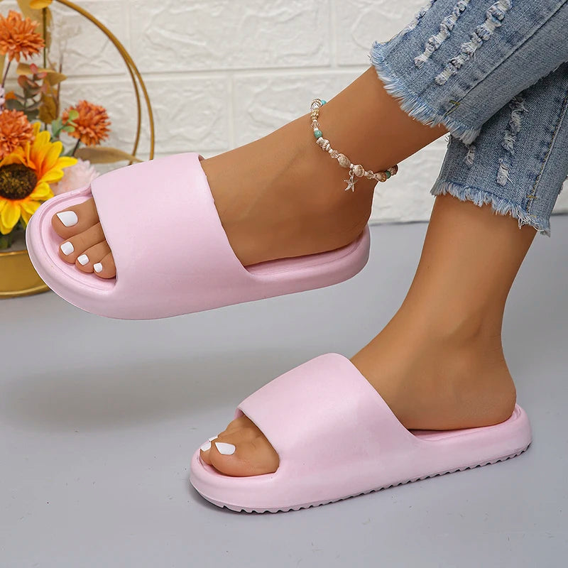 Simple Soft Sole Home Slippers for Women Non Slip Flat Heels Bathroom Slippers Woman 2024 Summer Outdoor Cloud Slides Sandals