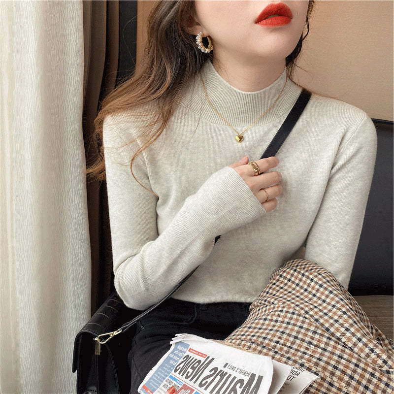 Autumn Winter Women Mock neck Sweaters Pullover Tops Knitwear Fashion Female Long Sleeve Skinny Elastic Casual Knitted Shirts