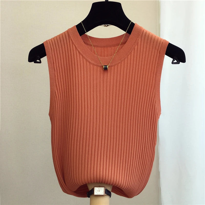 Summer Spring Tanks Top Women Sleeveless Knitted T-Shirts Female Elastic Slim Casual Vests Crop Tops Camis Pullover Shirts