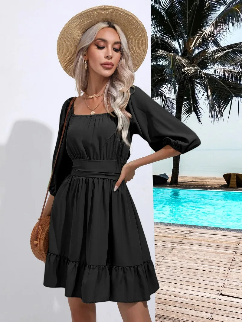 Summer Women Dresses Square Collar Bohemian RUFFLES Elastic Waist Above Knee Mini Dress Short Sleeves Pullover Mujer Vestidos