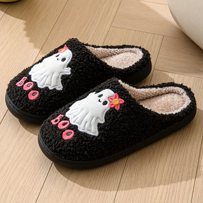 Halloween Cartoon Cotton Slippers Women 2024 Winter Warm Fluffy Fur Home Shoes Woman Flat Heels Indoor Bedroom Plush Slippers