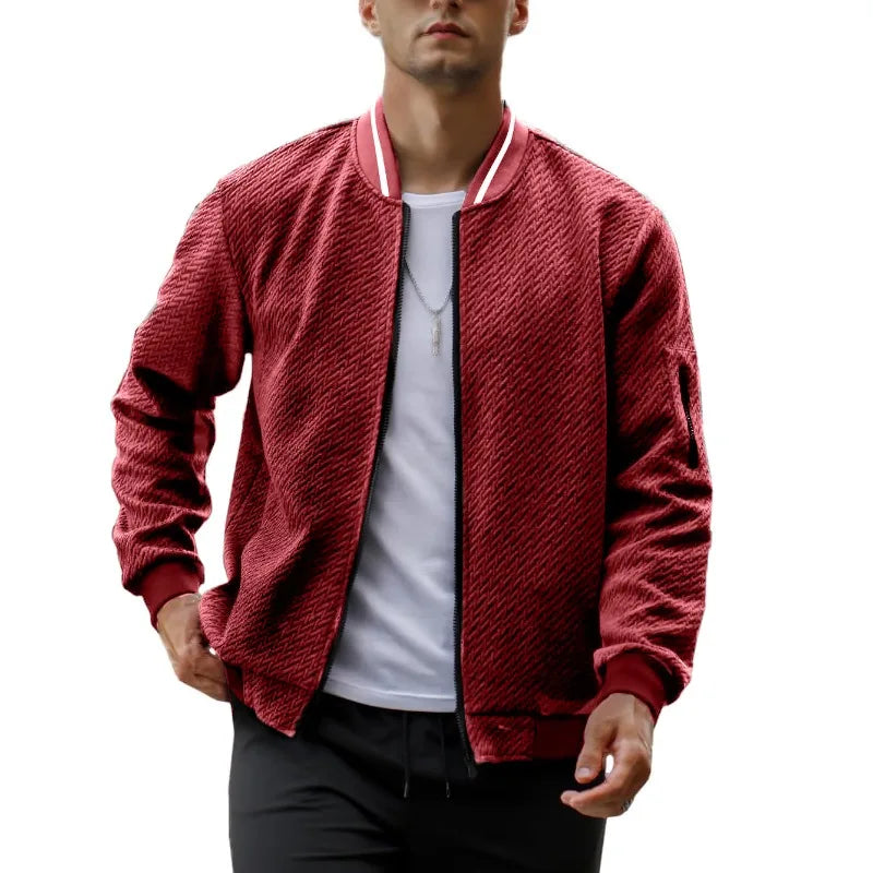 Mens Casual Jacquard Bomber Jackets Color-Block Lightweight Varsity Jacket Fashion Zipper Coat with Pockets Autumn Streetwear