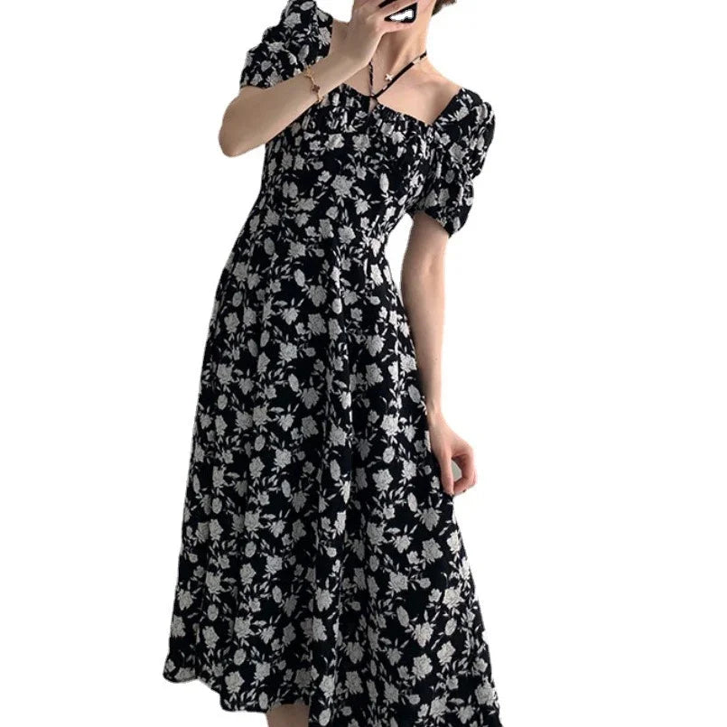 Spring Summer Chiffon Dress Women Casual Dresses Fashion Female Square Collar Short Sleeve Split A-line Dresses Vestidos