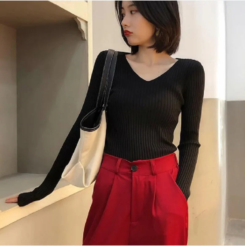 Autumn Fashion Female Long Sleeve V-neck Skinny Elastic Casual Sweater Women Knitted Shirts Pullover Top Women's Sweaters