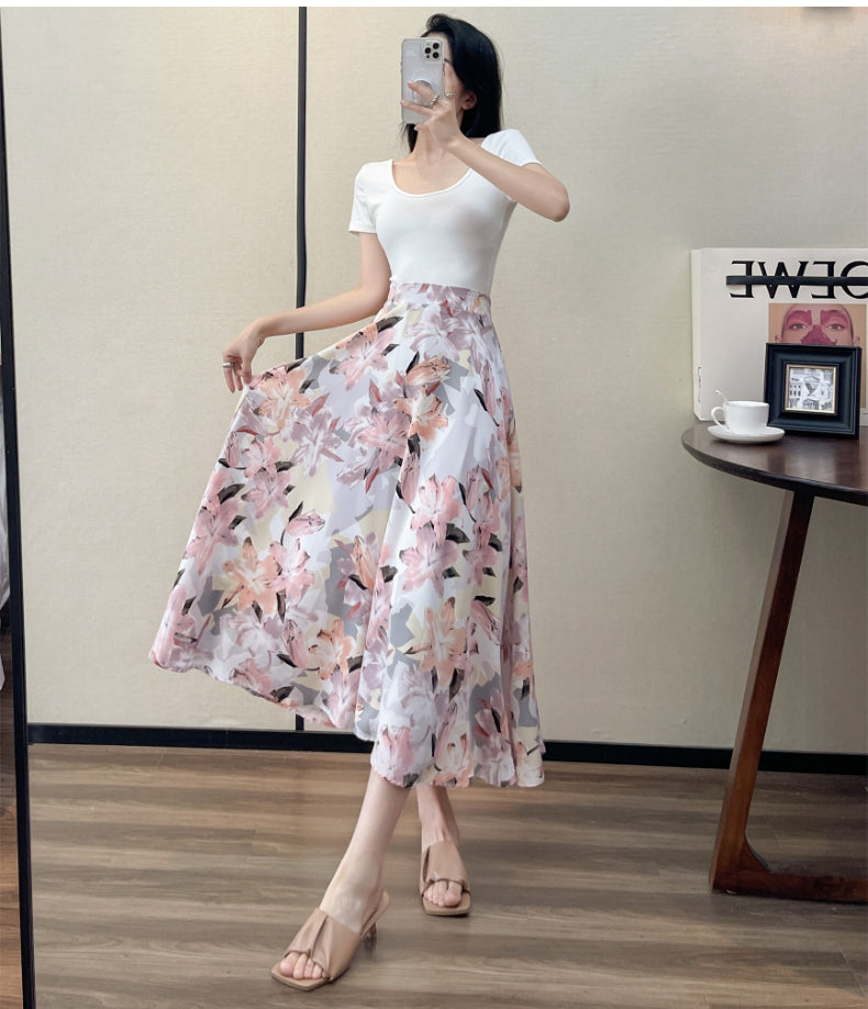 2022 Summer High Waist Women Skirts Casual Floral Printed Chiffon Woman Midi Skirts Bohemian Beach Holiday Long A-line Skirts