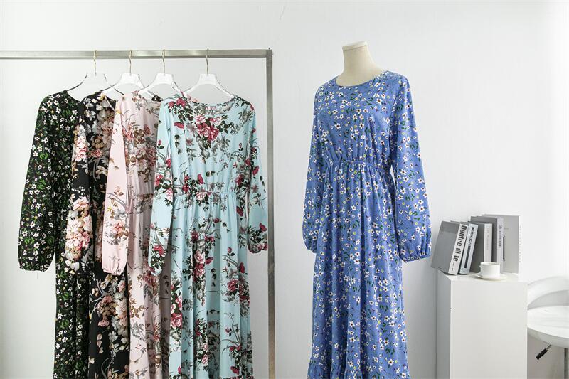 Spring Autumn Women Chiffon Dresses Casual Floral Printed Bark Crinkling Long Dresses O-neck Long Sleeve Loose Muslim Maxi Dress