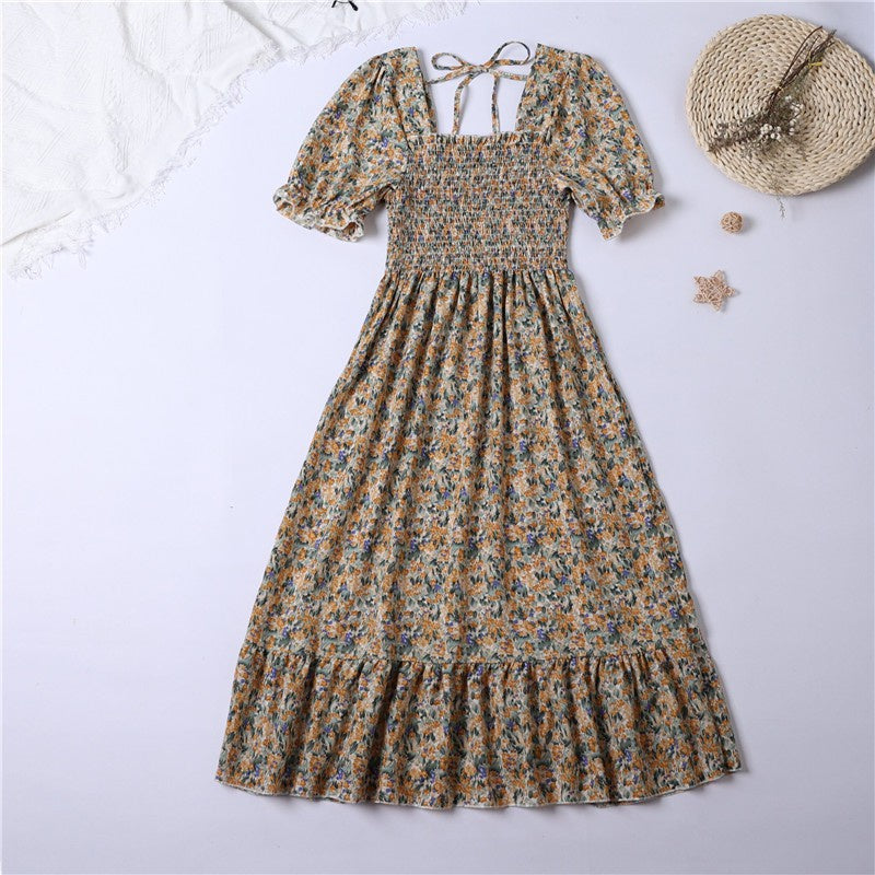 Summer Pleated Women Chiffon Dresses Casual Beach Holiday Short Sleeve Square Collar Woman Midi Dress Bohemian Mujer Vestidos