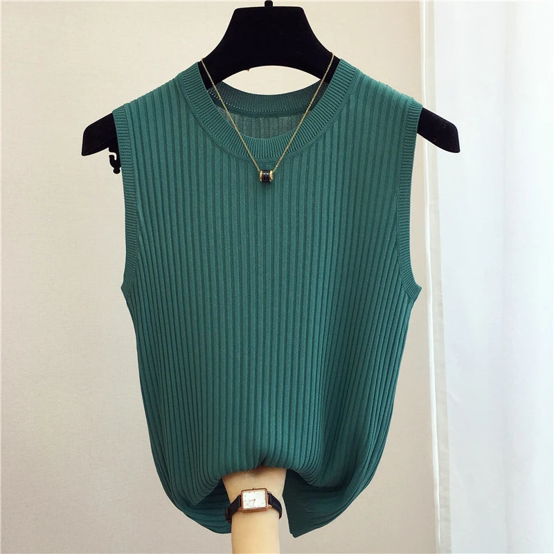 Summer Spring Tanks Top Women Sleeveless Knitted T-Shirts Female Elastic Slim Casual Vests Crop Tops Camis Pullover Shirts