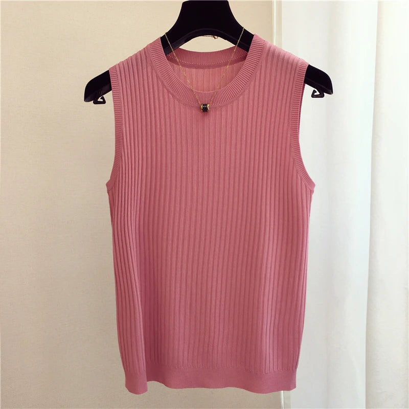 Summer Spring Tanks Top Women Sleeveless Knitted T-Shirts Female Elastic Slim Casual Vests Crop Tops Camis Pullover Shirts