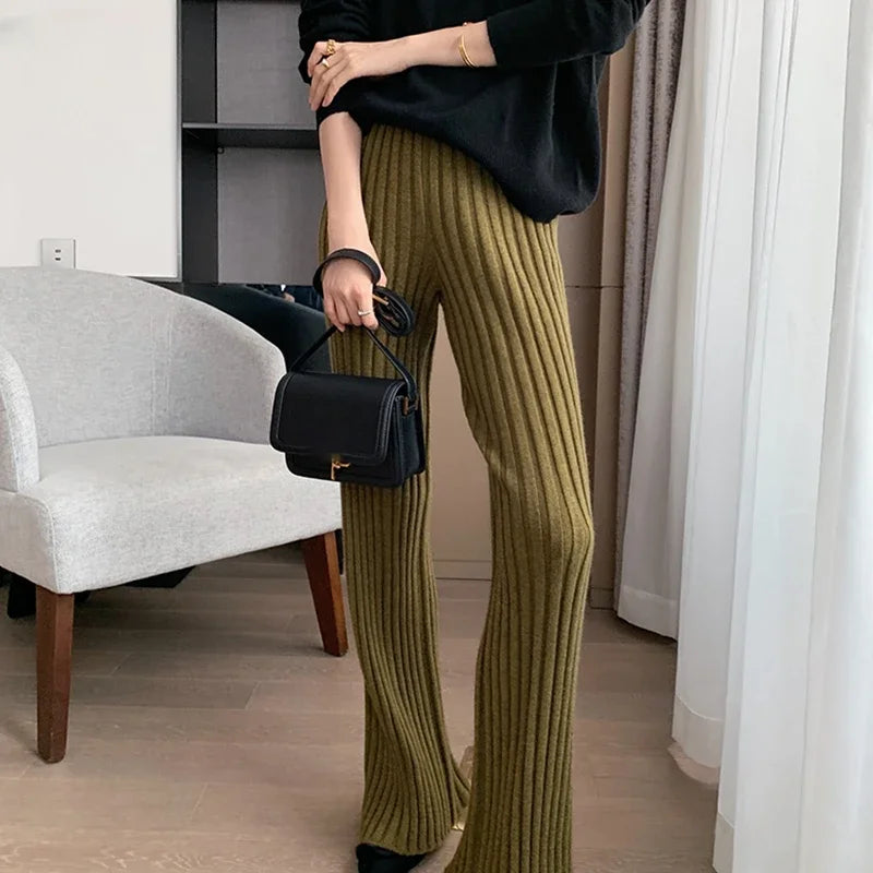 Autumn Winter Casual Thick Knitted Pant Women Long Trousers Elastic High Waist Kniting Wide Leg Pants Striped Pantalon