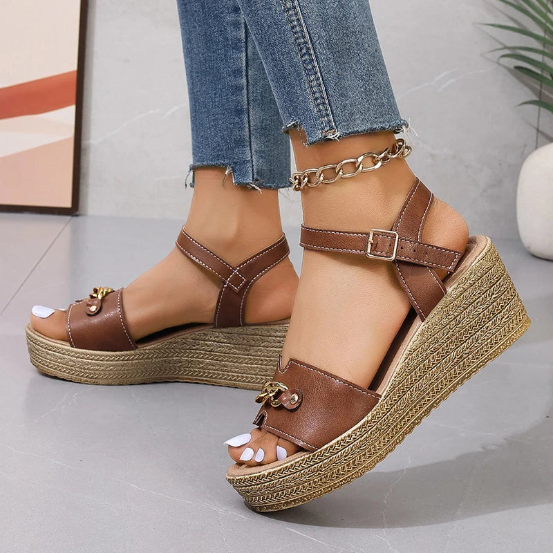 Golded Chain Decor Wedge Heels Sandals Women Ankle Buckle Strap Chunky Platform Sandals Woman Thick Bottom Comfort Summer Shoes