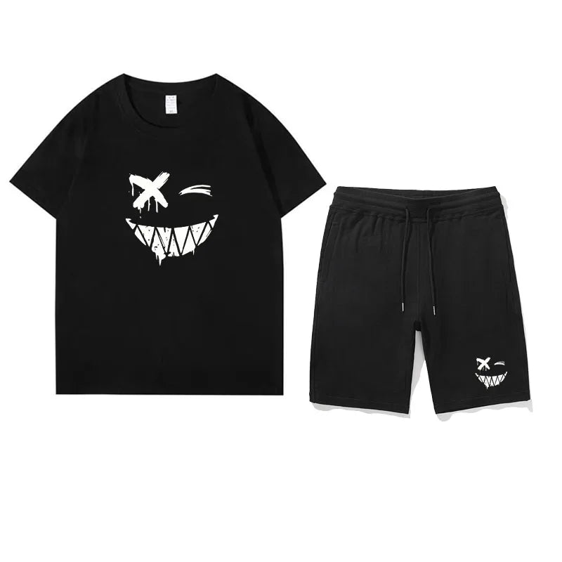 Two Piece Set Shorts Sets Mens Cotton T-Shirts Shorts Smile Printed Sport Suit mens Streetwear Summer Outfits men clothing