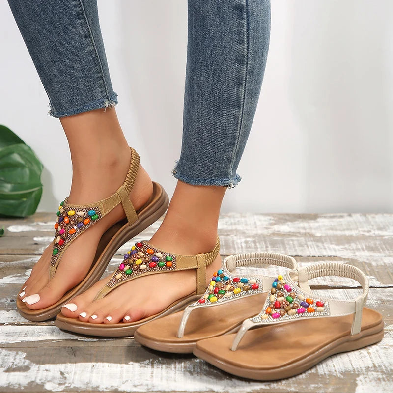 Retro Bohemian Flat Heels Sandals for Women 2024 summer Rhinestone Beads Clip Toe Sandals Woman Lightweight Beach Flip Flops