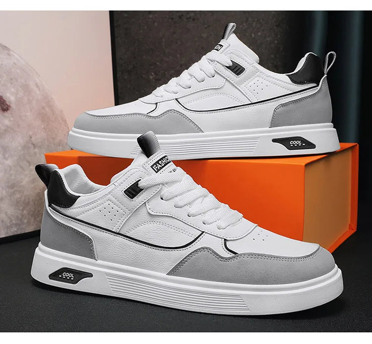 Men's new casual sports shoes leather spring and autumn lace-up white men's shoes vulcanized walking men's shoes