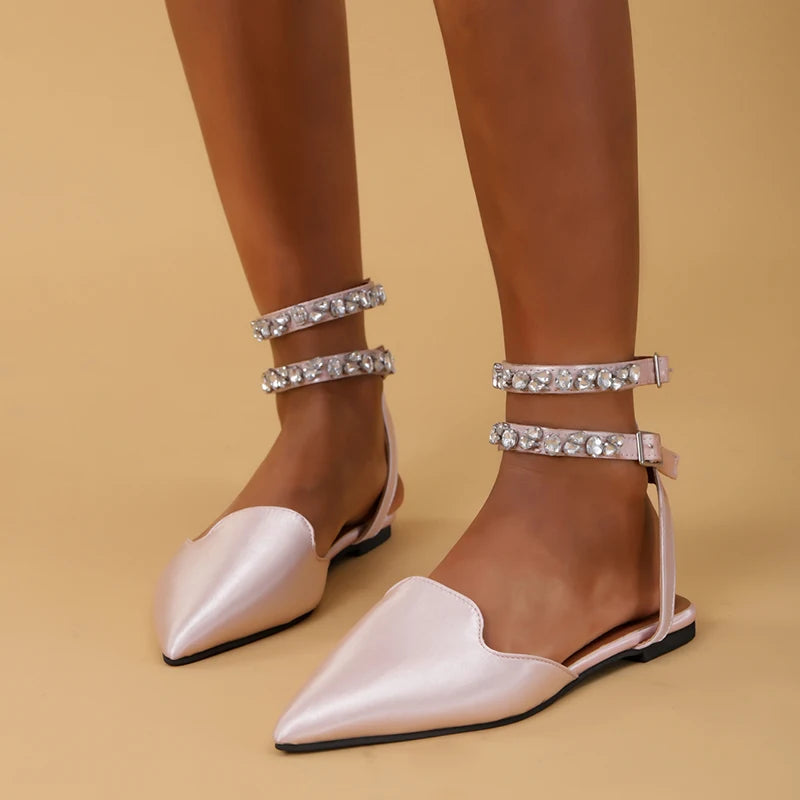 Funky Rhinestone Flat Sandals Women Summer 2023 Pointed Toe Strappy Sandals Woman Plus Size 42 Ankle Straps Party Shoes Flats