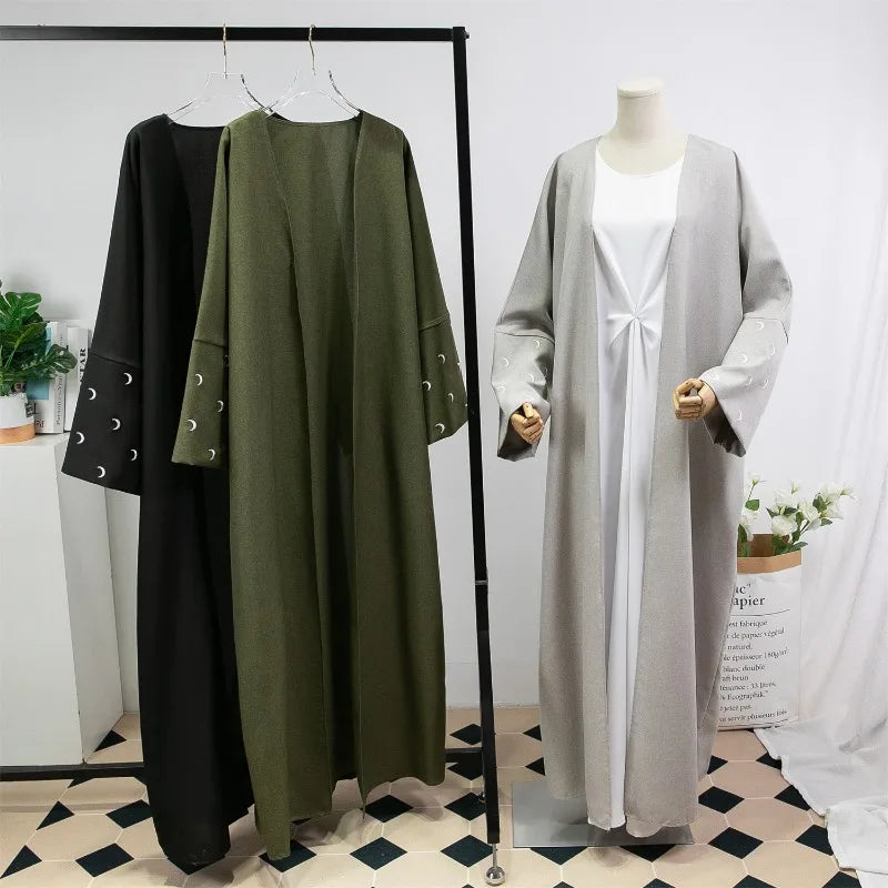 Loose Kaftan Muslim Abayas Women's Islamic Clothing Moon Embroidery Open Front Abaya Long Sleeve Maxi Length Dress Women Jilbabs