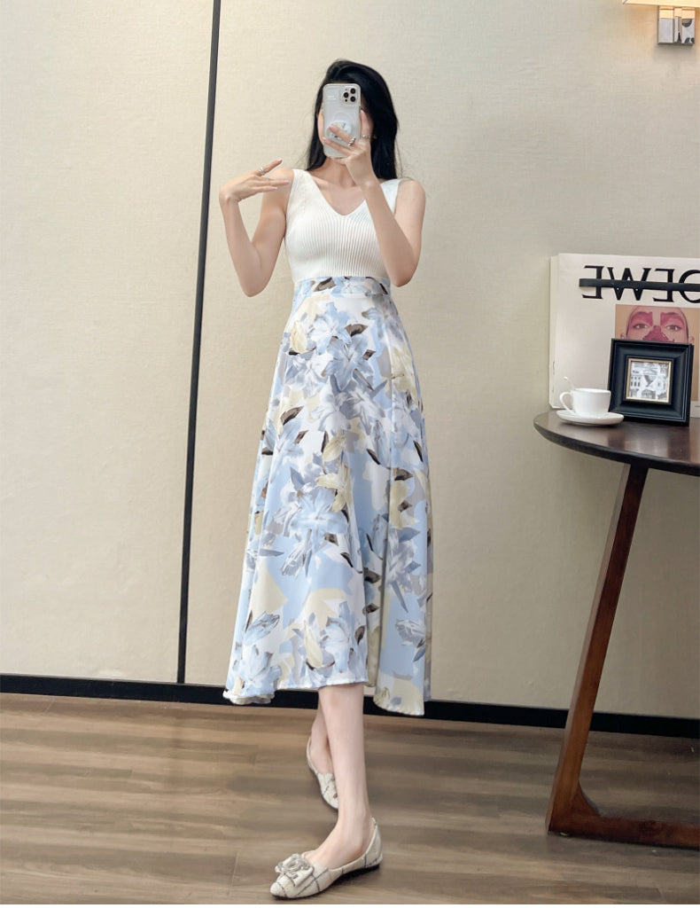 2022 Summer High Waist Women Skirts Casual Floral Printed Chiffon Woman Midi Skirts Bohemian Beach Holiday Long A-line Skirts