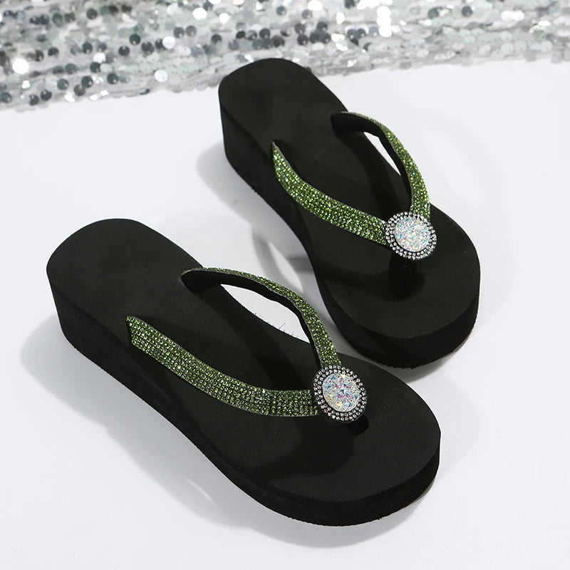 Clip Toe Wedge Heels Slippers Women 2024 Summer Shiny Crystal Platform Sandals Woman Plus Size 42 Light Outdoor Flip-Flops Slide