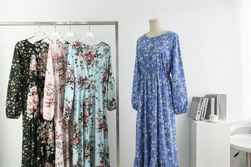 Spring Autumn Women Chiffon Dresses Casual Floral Printed Bark Crinkling Long Dresses O-neck Long Sleeve Loose Muslim Maxi Dress