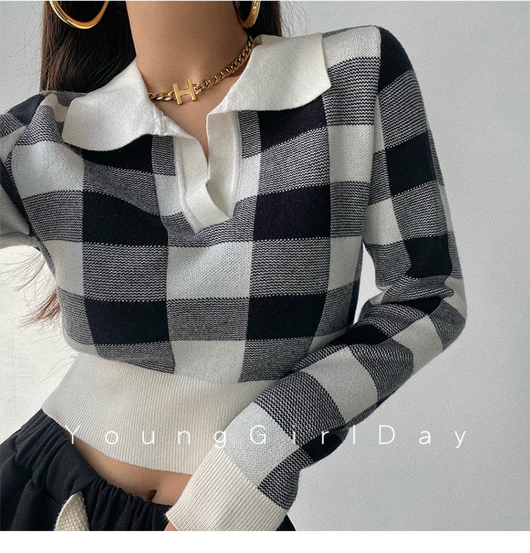 Autumn Winter Vintage Knitwear Crop Tops Women Pullover Sweaters Fashion Female Long Sleeve Elastic Casual Plaid Knitted Shirts