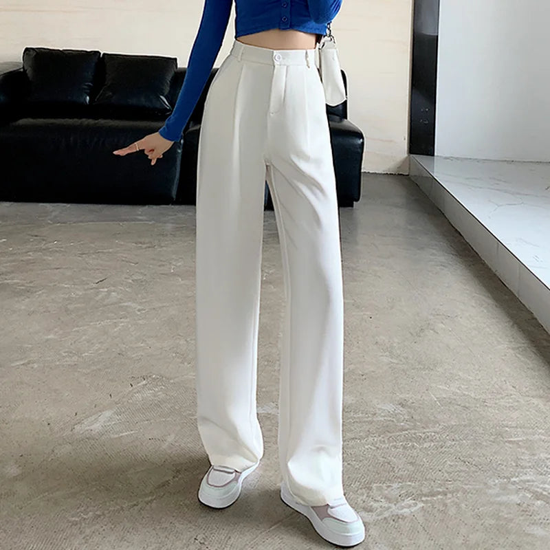 Women High Waist Floor-Length Suits Pants Autumn Winter White Loose Wide Leg Pants Female Office Ladies Straight Long Trousers