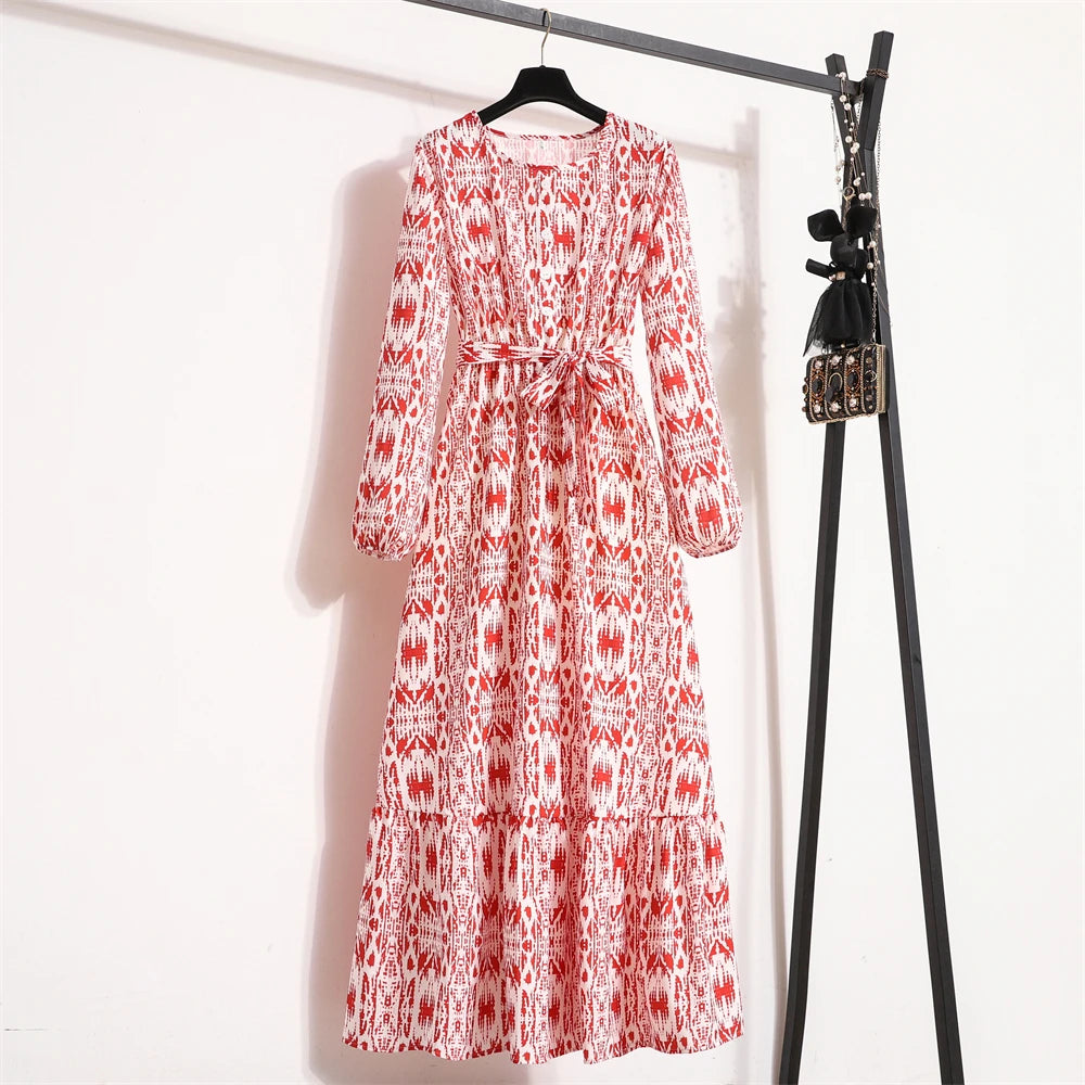 Autumn Spring Women Chiffon Dresses O-neck Mujer Vestidos Female Vintage Floral Printed Full Sleeve A-line Long Maxi Dresses