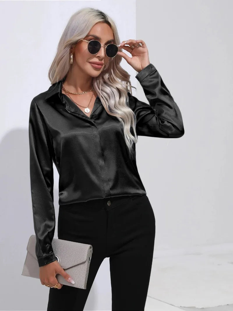 Women's Shirt with Single Breasted Long Sleeve Shirts Spring Summer Silk Shirt Office Lady Satin Turn-down Collar Casual Blouses