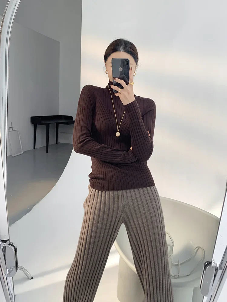 Autumn Winter Casual Thick Knitted Pant Women Long Trousers Elastic High Waist Kniting Wide Leg Pants Striped Pantalon