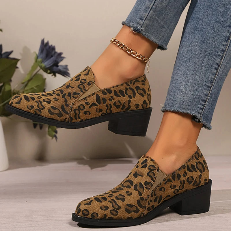 Sexy Leopard High Heels Loafers Woman 2024 Autumn Pointed Toe Thick Heeled Pumps Woman Plus Size 43 Slip On Casual Shoes Mujer