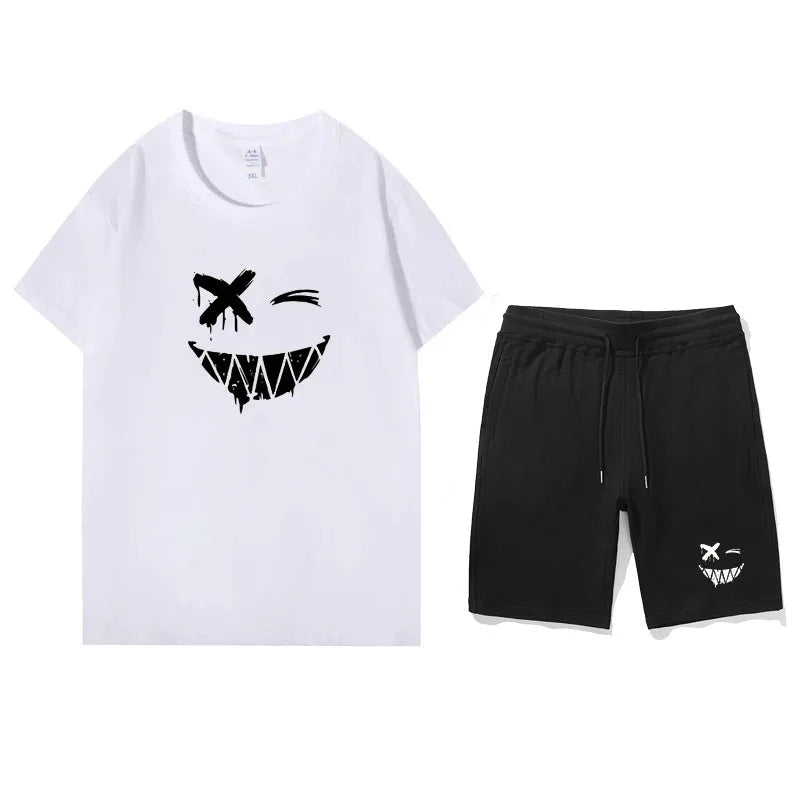 Two Piece Set Shorts Sets Mens Cotton T-Shirts Shorts Smile Printed Sport Suit mens Streetwear Summer Outfits men clothing