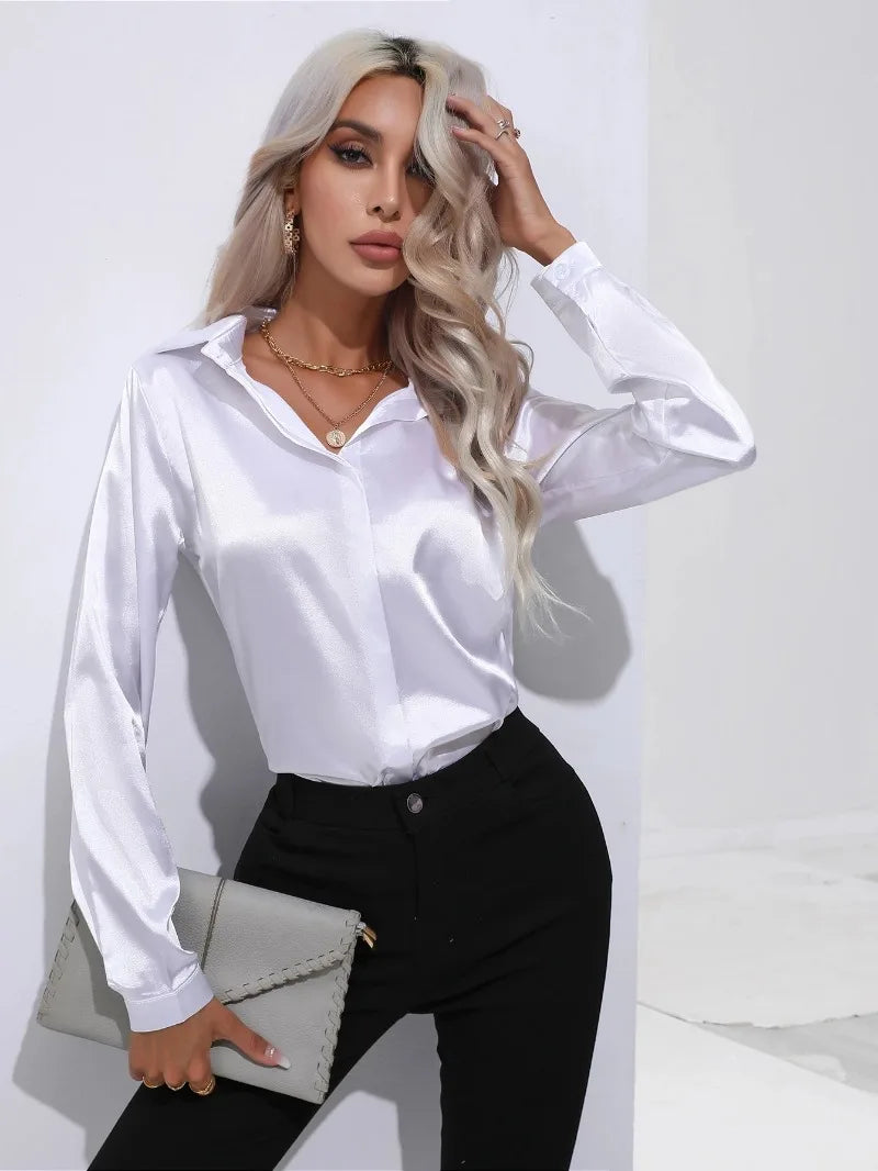 Women's Shirt with Single Breasted Long Sleeve Shirts Spring Summer Silk Shirt Office Lady Satin Turn-down Collar Casual Blouses