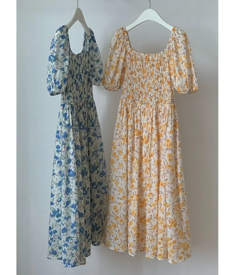 Spring Summer Printed Floral Dress Women Casual Dresses Elastic Waist Fashion Female Vestidos Short Sleeve A-line Dresses