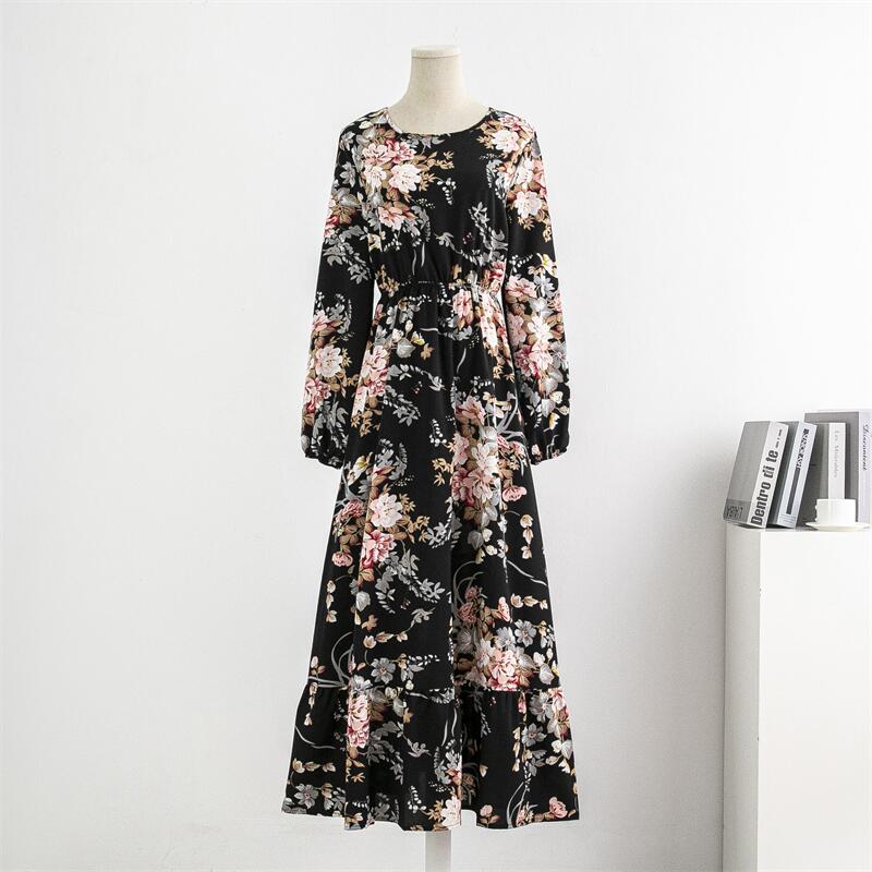 Spring Autumn Women Chiffon Dresses Casual Floral Printed Bark Crinkling Long Dresses O-neck Long Sleeve Loose Muslim Maxi Dress