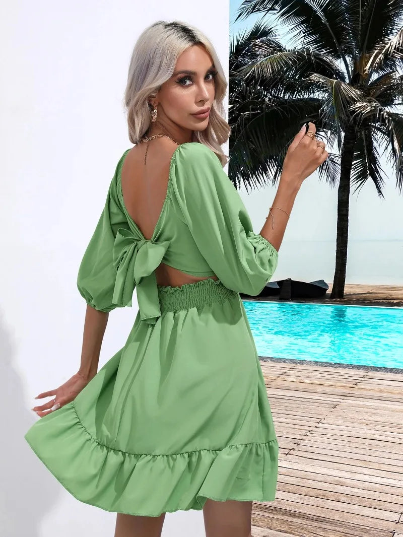 Summer Women Dresses Square Collar Bohemian RUFFLES Elastic Waist Above Knee Mini Dress Short Sleeves Pullover Mujer Vestidos