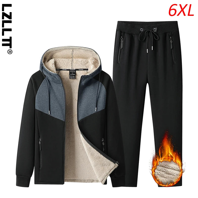 Winter Men Fleece Hooded Casual Sport Suits Man Jogger Run Outdoor Tracksuits Male Thick Sportwear Sets 2 Piece Jacket Coat Pant