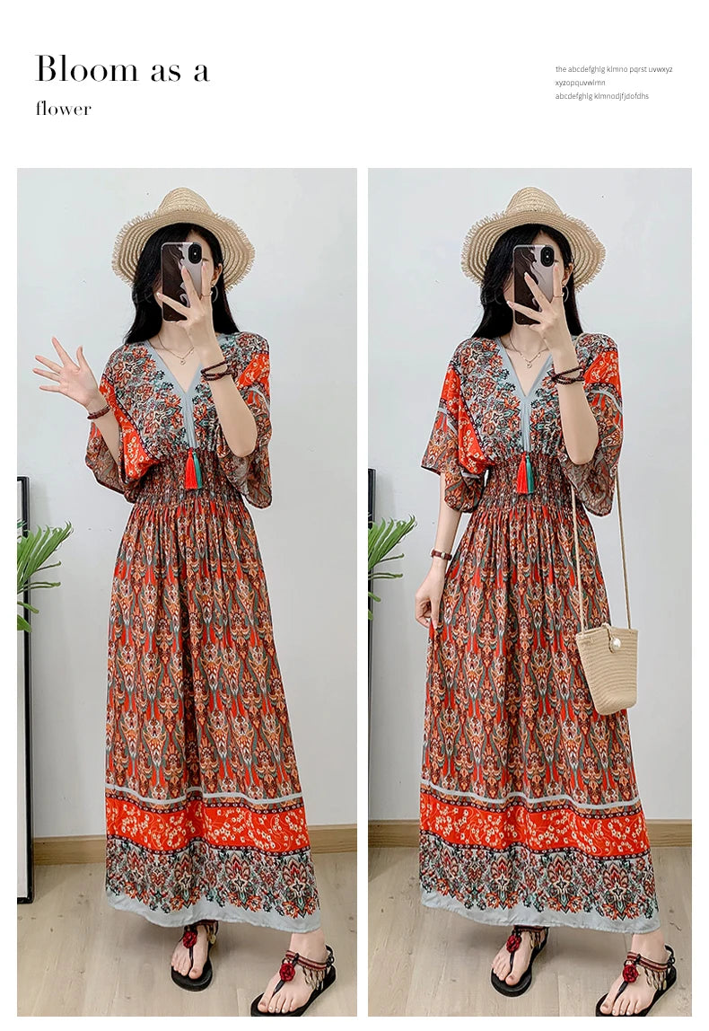 Print Floral Short Sleeve Maxi Dress Women Dresses Summer Spring V-neck Fashion Female Vintage Poplin Bohemian Beach Dresses