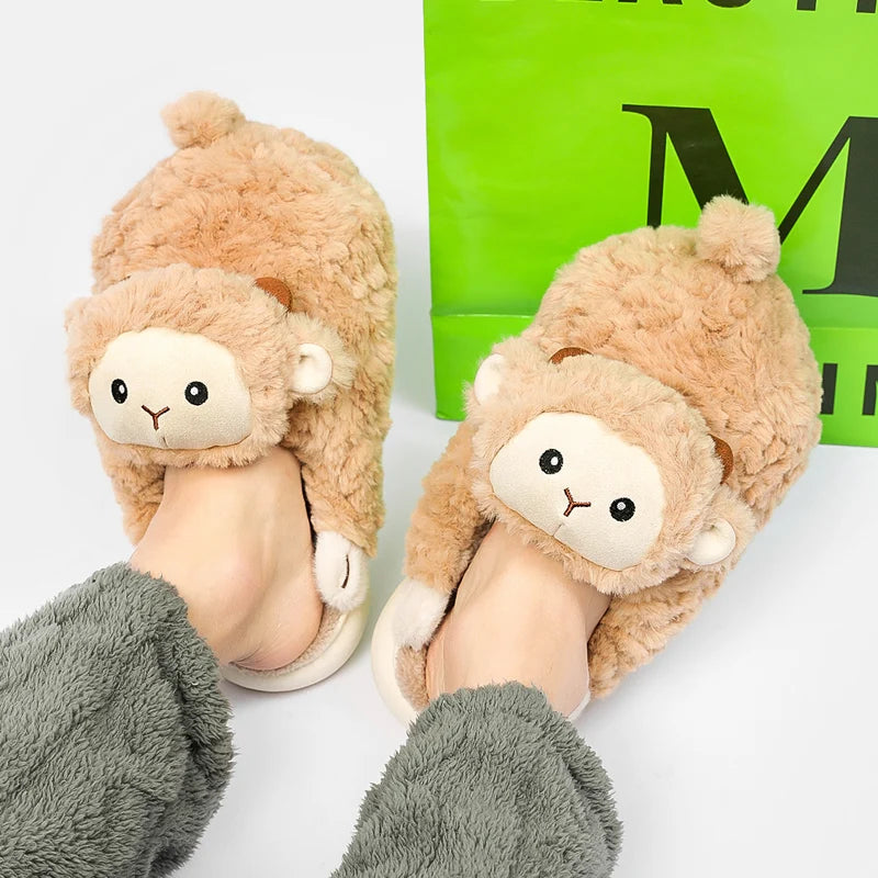 Cartoon Sheep Fluffy Cotton Slippers Women 2024 Winter Warm Soft Sole Home Slippers Woman Cute Couple Indoor House Cotton Shoes