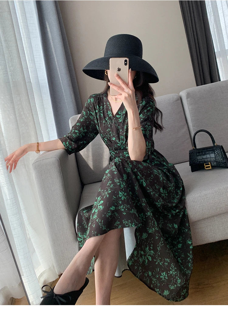 Spring Summer Printed Floral Dress Women Casual Dresses Fashion Female Vestidos Short Sleeve Vintage V-neck A-line Dresses