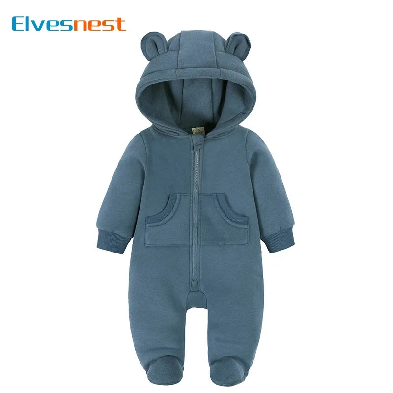 Solid Color Newborn Baby Boy Clothes Long Sleeve Hooded Zipper Baby Clothes Girls Footies Winter Warm Infant Clothing 3-24Months