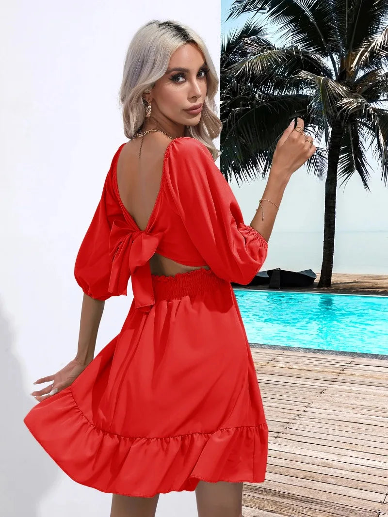 Summer Women Dresses Square Collar Bohemian RUFFLES Elastic Waist Above Knee Mini Dress Short Sleeves Pullover Mujer Vestidos