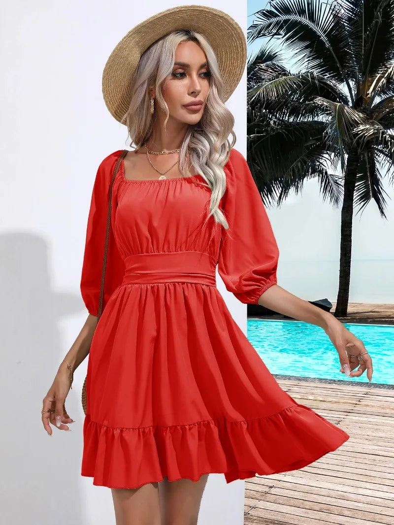 Summer Women Dresses Square Collar Bohemian RUFFLES Elastic Waist Above Knee Mini Dress Short Sleeves Pullover Mujer Vestidos