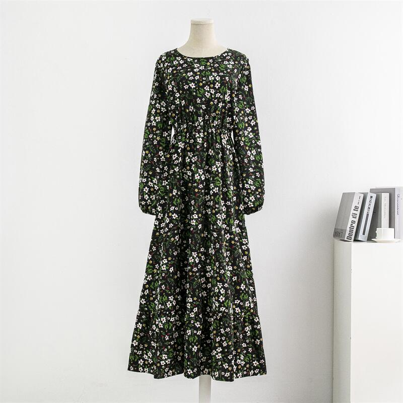 Spring Autumn Women Chiffon Dresses Casual Floral Printed Bark Crinkling Long Dresses O-neck Long Sleeve Loose Muslim Maxi Dress