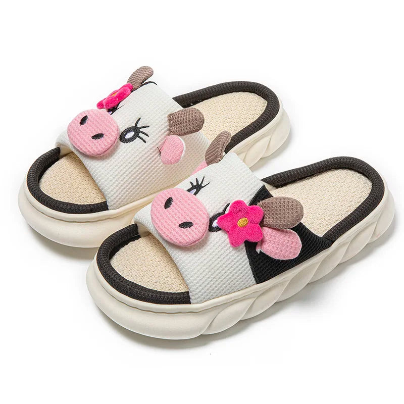 Cute Cow Thick Bottom Linen Slippers Women 2024 Winter Comfort Home Cotton Slippers Woman Flat Heels Non Slip Indoor Shoes Slide