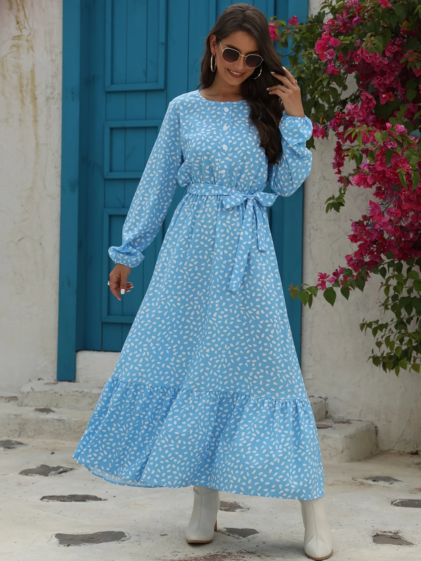 Ramadan Floral Print Crew Neck Dress, Elegant Long Sleeve Belted Dress For Spring & Fall, Women's Clothing